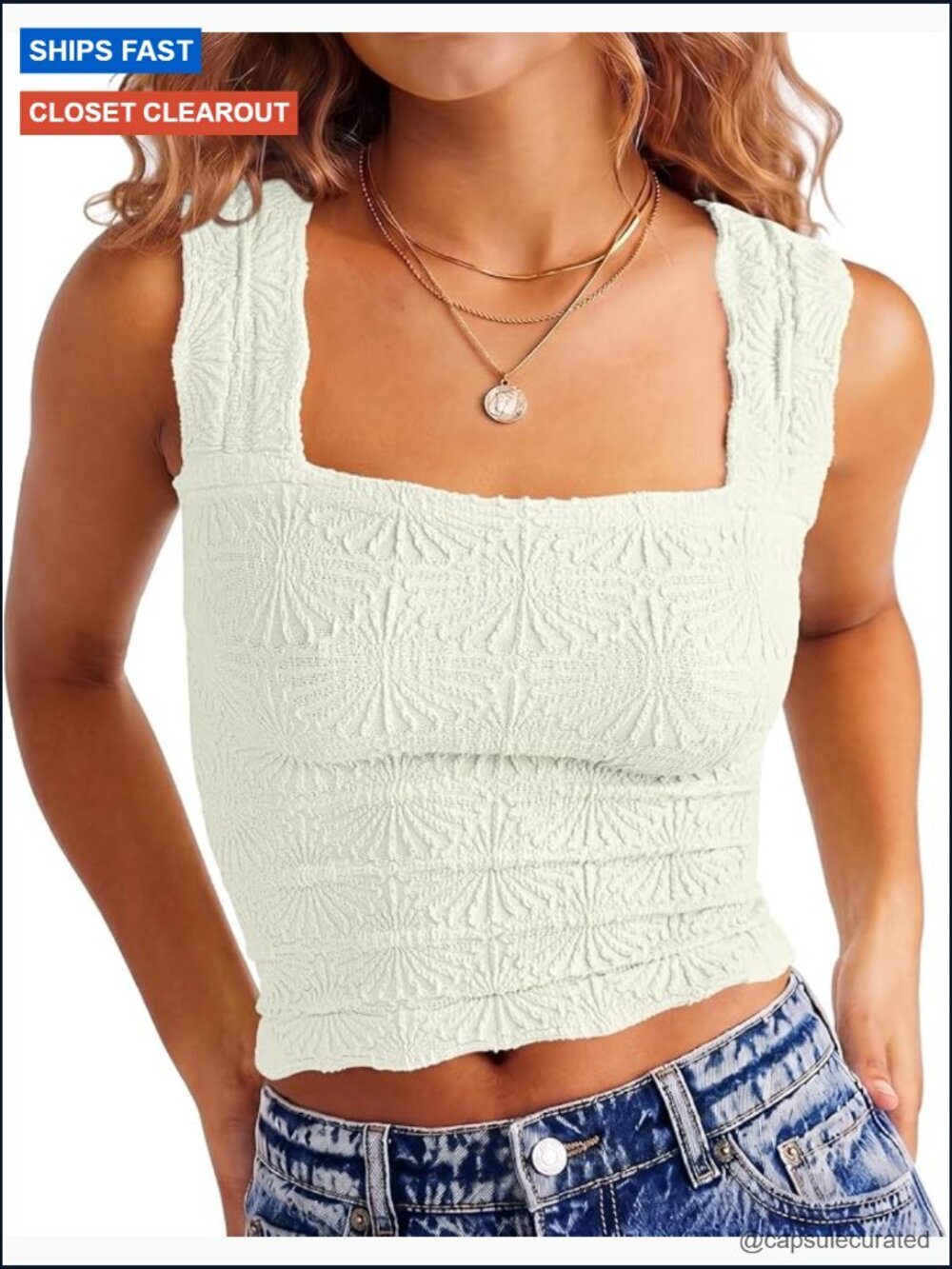 Square Neck Crop Tank Top Wide Strap Lettuce Trim Slim Fit Cami
